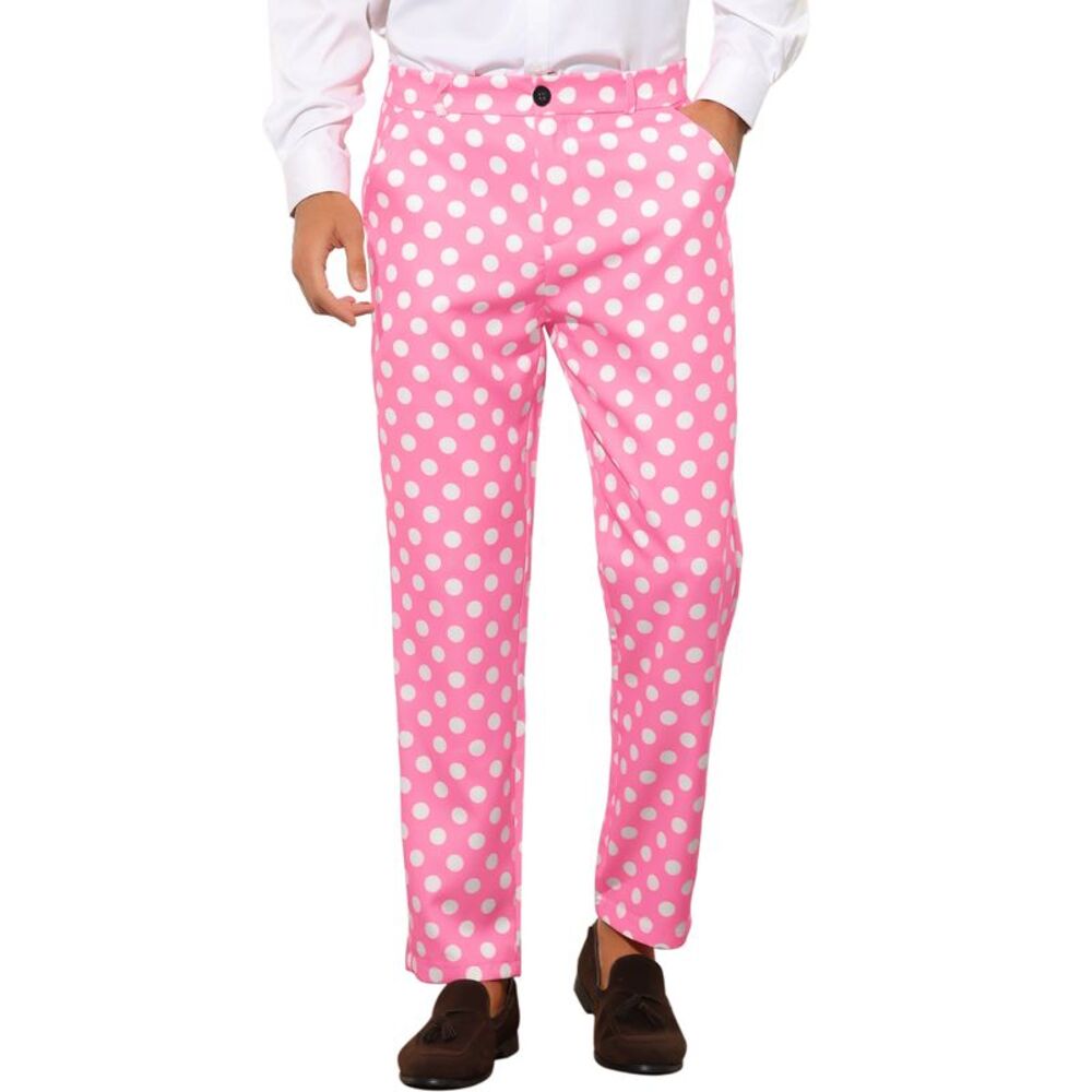 Polka Dots Dress Pants Regular Fit Flat Front Formal Printed Trousers Pink